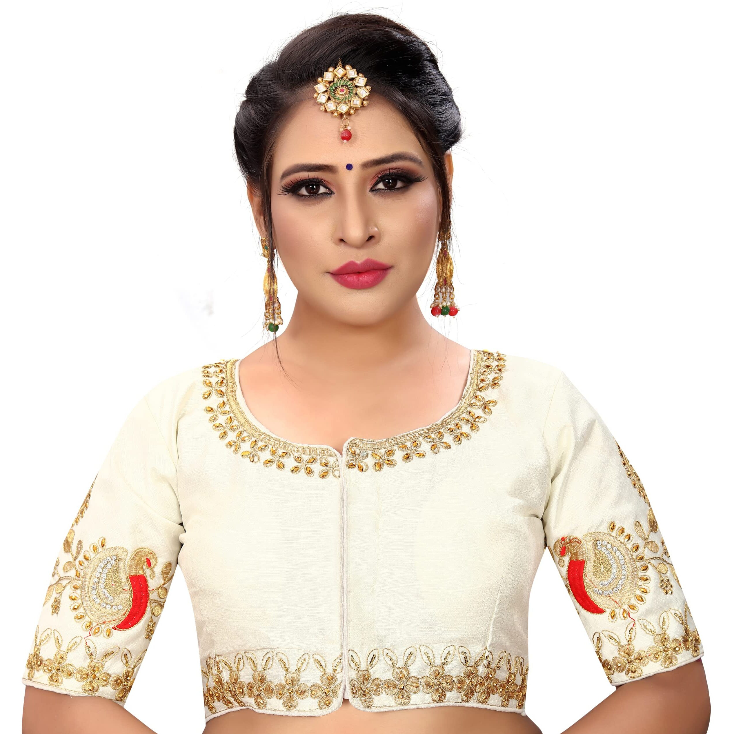 Pujia Mills Women's Phantom Silk Elephant Half Sleeve Saree Blouse (Dumbo_White_36 Size+Margin)