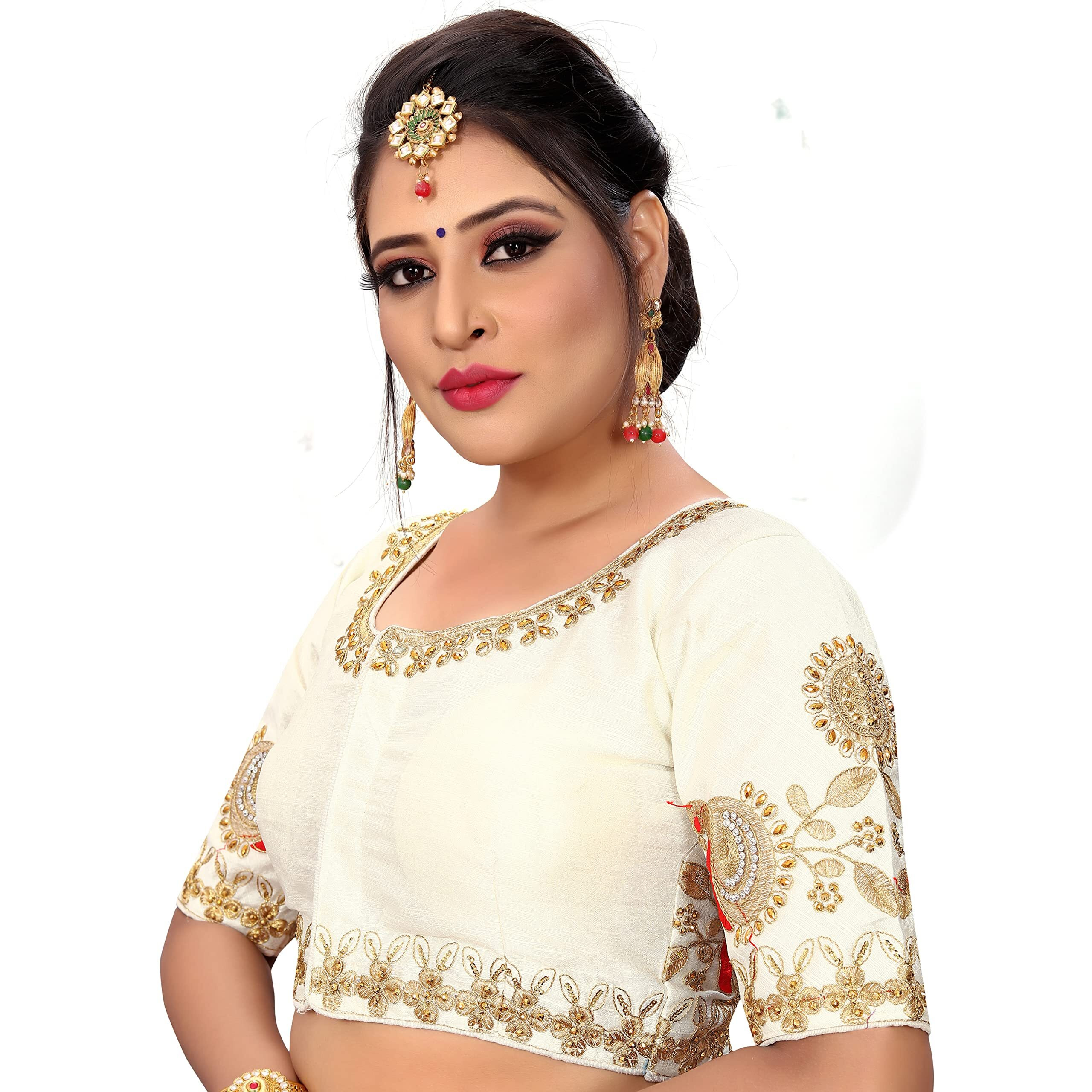 Pujia Mills Women's Phantom Silk Elephant Half Sleeve Saree Blouse (Dumbo_White_36 Size+Margin)