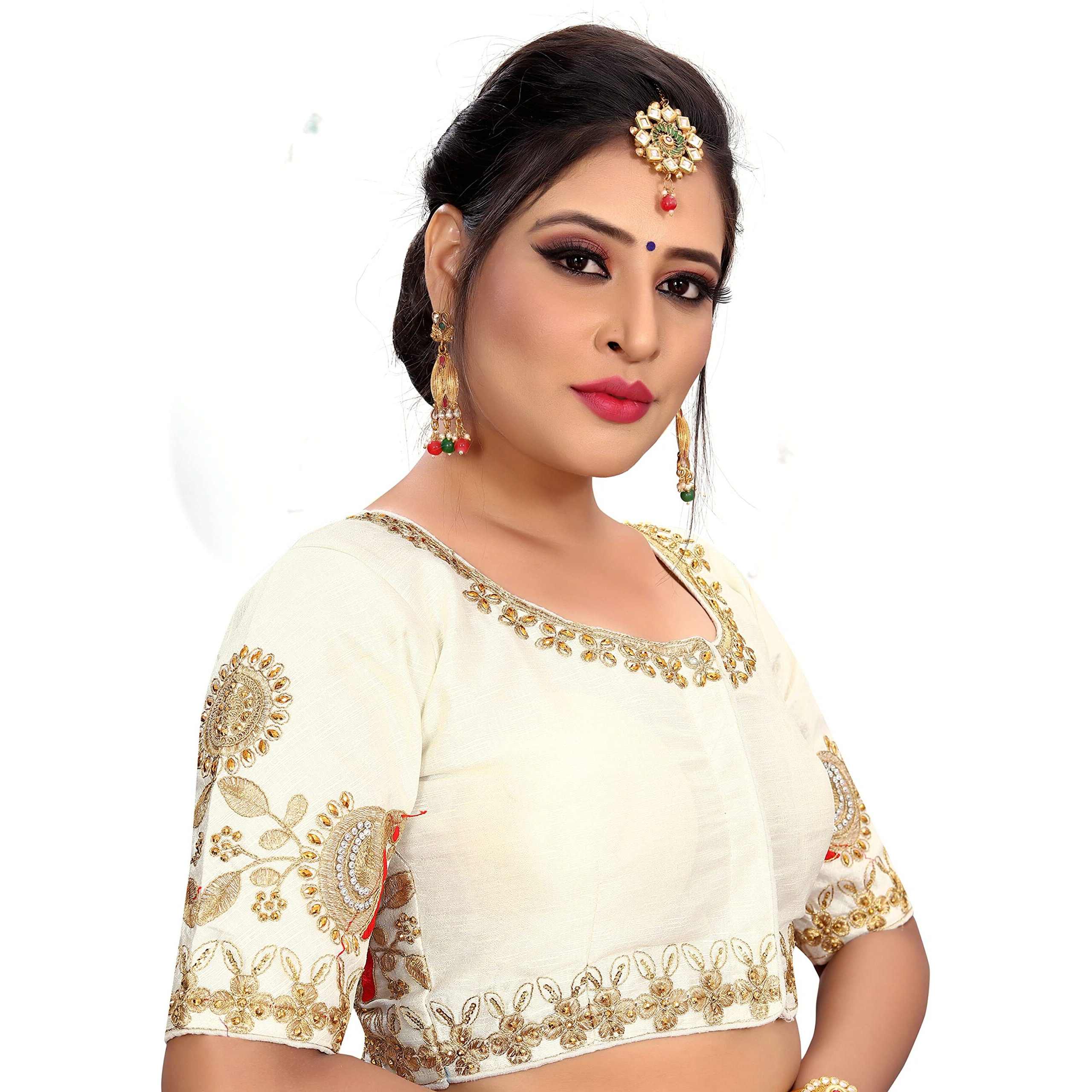Pujia Mills Women's Phantom Silk Elephant Half Sleeve Saree Blouse (Dumbo_White_36 Size+Margin)