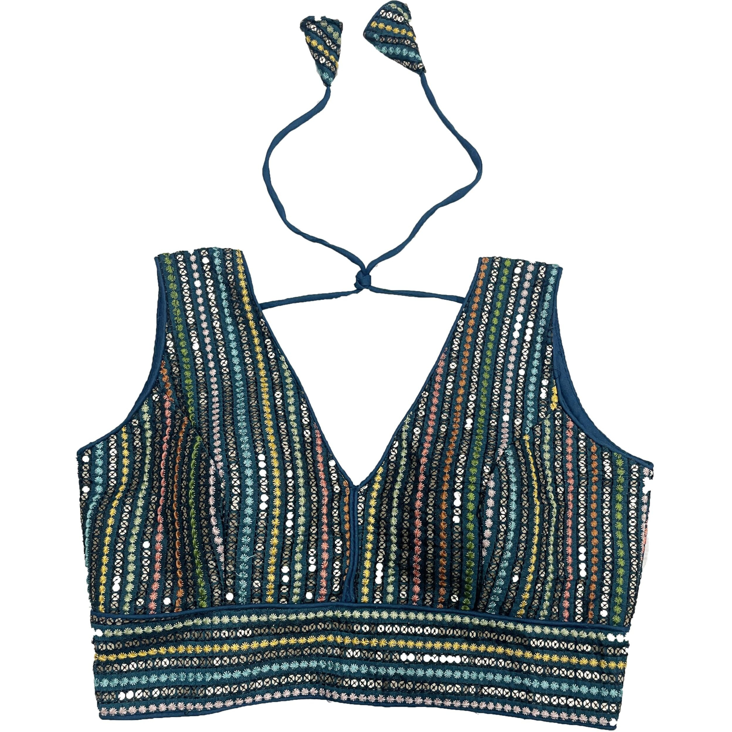 Pujia Mills Women's Sleeveless Sabyasachi Pattern V Neck Embroidery Work With Sequence Indian Ethnic Wear Readymade Saree Blouse For Lehenga Choli (Sea Green, 34)