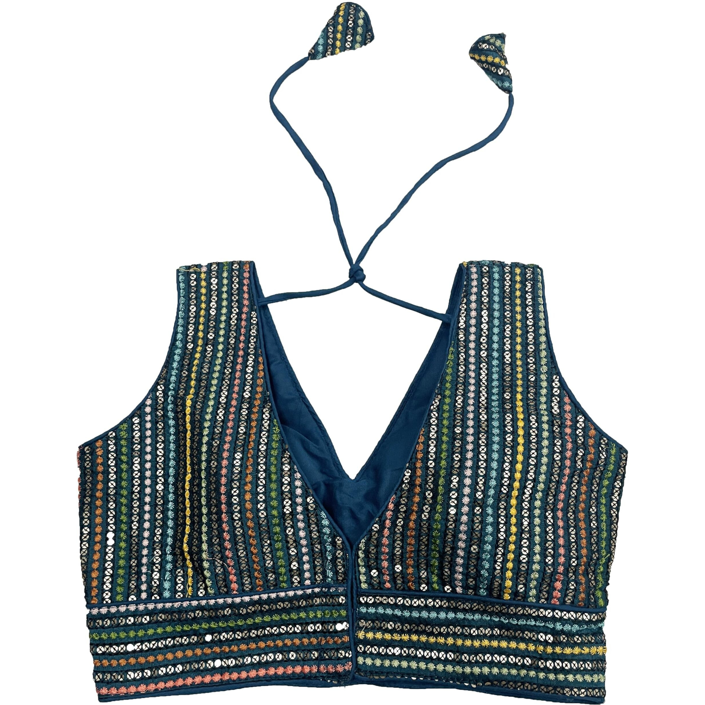 Pujia Mills Women's Sleeveless Sabyasachi Pattern V Neck Embroidery Work With Sequence Indian Ethnic Wear Readymade Saree Blouse For Lehenga Choli (Sea Green, 34)