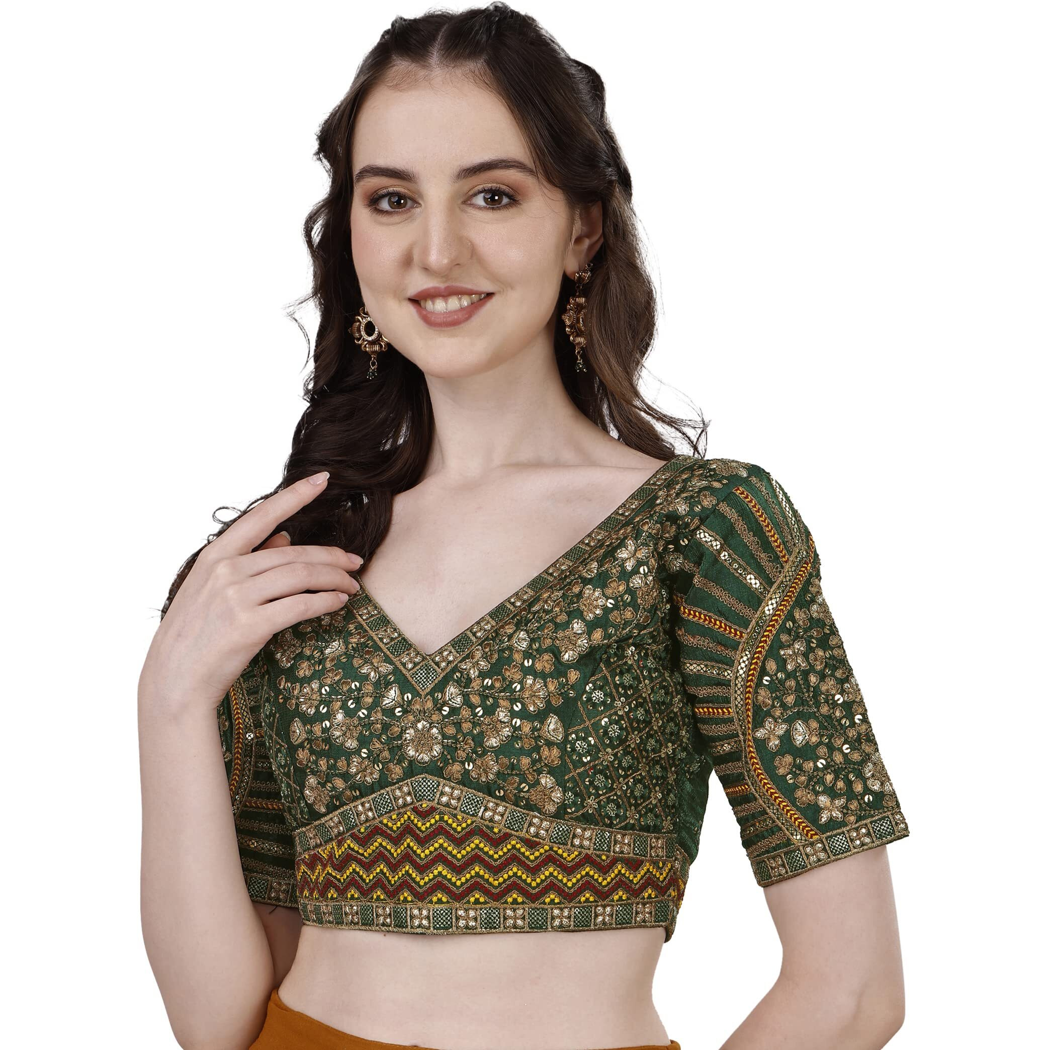 Pujia Mills Mills Women's Fancy Readymade Heavy Coding Embroidary Worked Half Sleeve Multicolor Saree Blouse(Mushroom) (Green, 40)