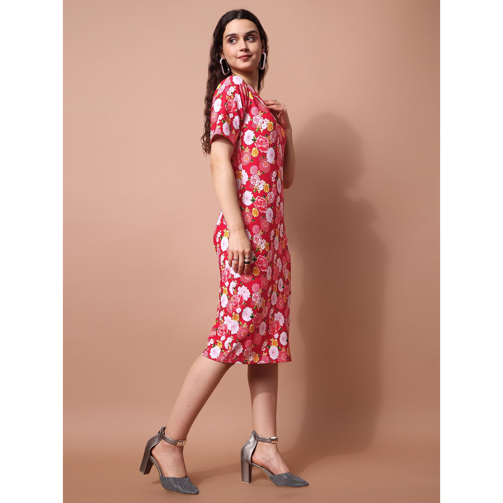 Purvaja Womens Bodycon Knee Length Dress (Wini-032-Cherry_Red_X-Large)