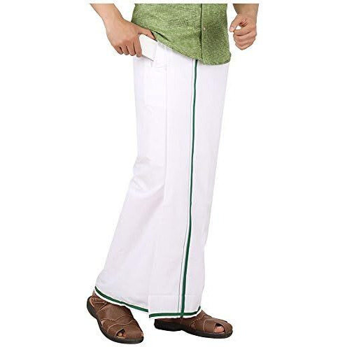 Prakasam Cotton (Winner Men's Welcro Pocket Single Dhoti With Dark Green Border (Size 38)