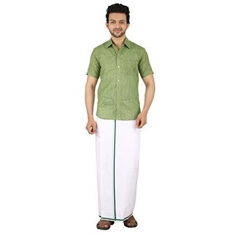 Prakasam Cotton (Winner Men's Welcro Pocket Single Dhoti With Dark Green Border (Size 38)