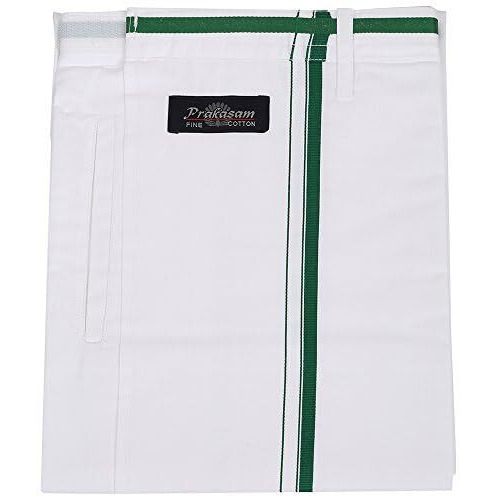 Prakasam Cotton (Winner Men's Welcro Pocket Single Dhoti With Dark Green Border (Size 38)