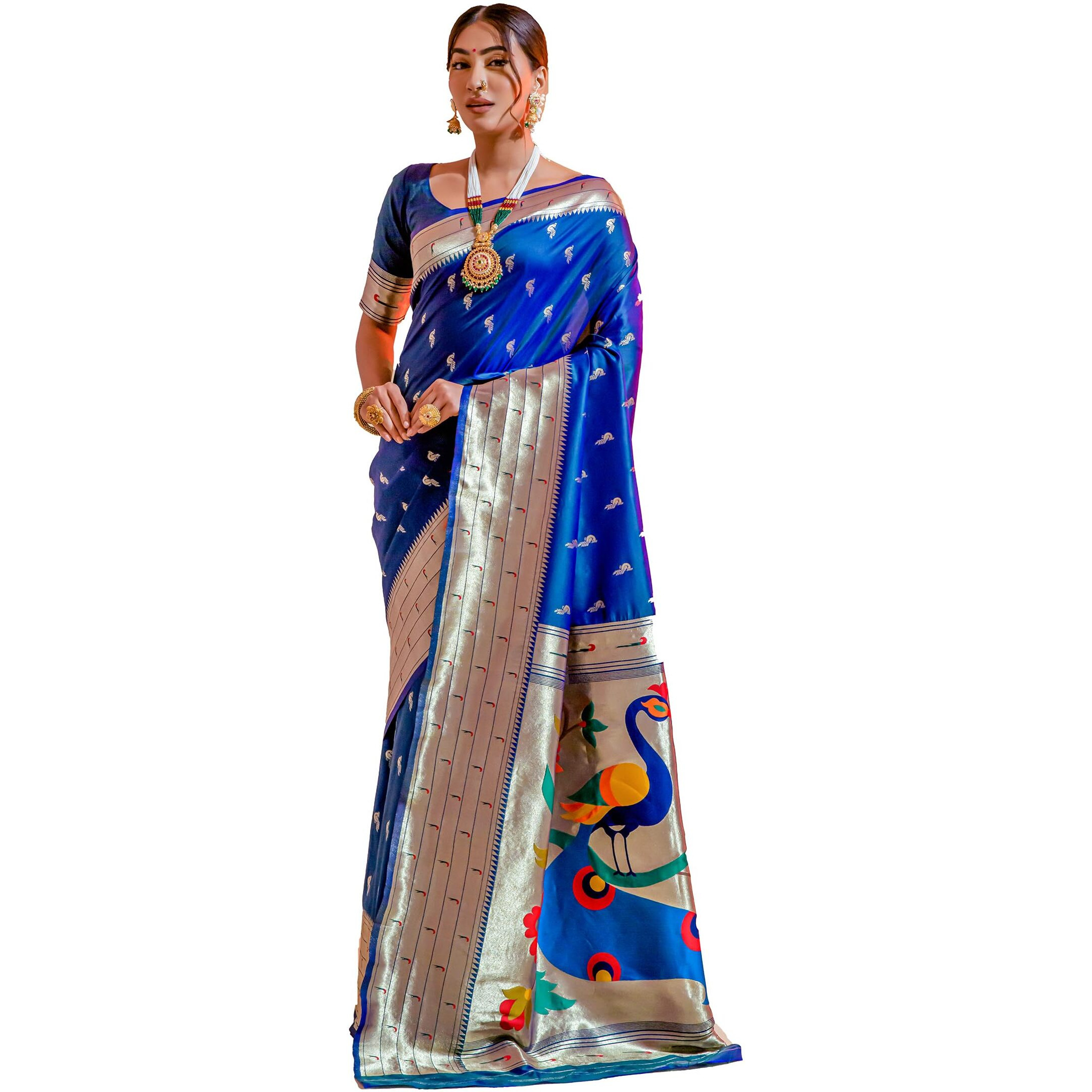 Pujia Mills Woman Pure Banarasi Silk Paithani Saree Indian Ethnic Wear Kanjivaram Saree With Heavy Golden Zari Woven Border With Unique Peacock Designe Rich Pallu Saree Blue Wedding Saree 2025