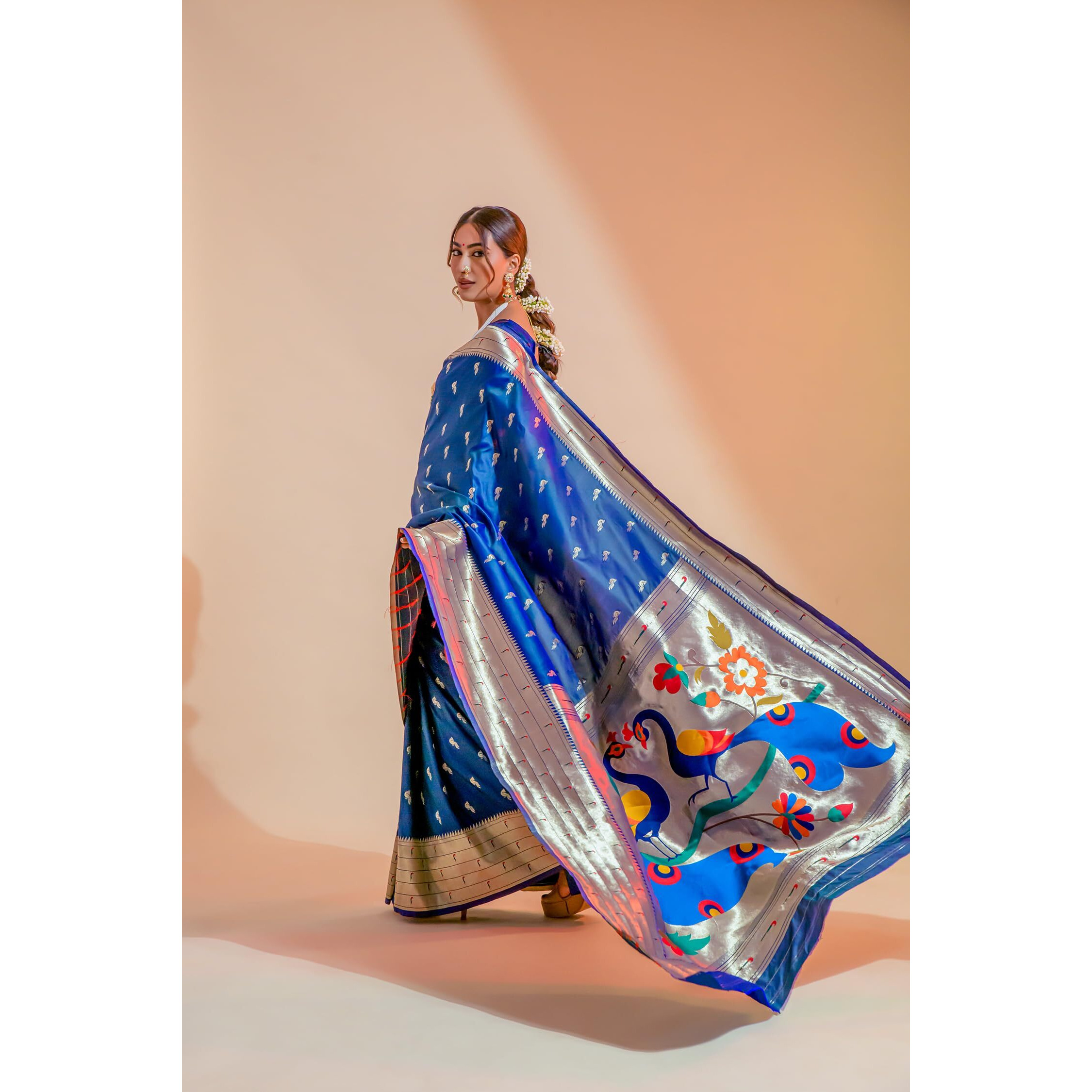 Pujia Mills Woman Pure Banarasi Silk Paithani Saree Indian Ethnic Wear Kanjivaram Saree With Heavy Golden Zari Woven Border With Unique Peacock Designe Rich Pallu Saree Blue Wedding Saree 2025