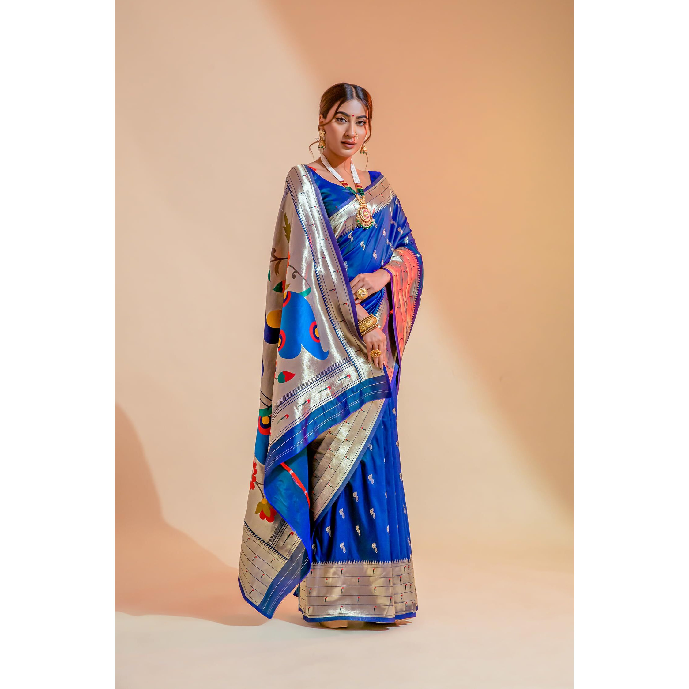 Pujia Mills Woman Pure Banarasi Silk Paithani Saree Indian Ethnic Wear Kanjivaram Saree With Heavy Golden Zari Woven Border With Unique Peacock Designe Rich Pallu Saree Blue Wedding Saree 2025