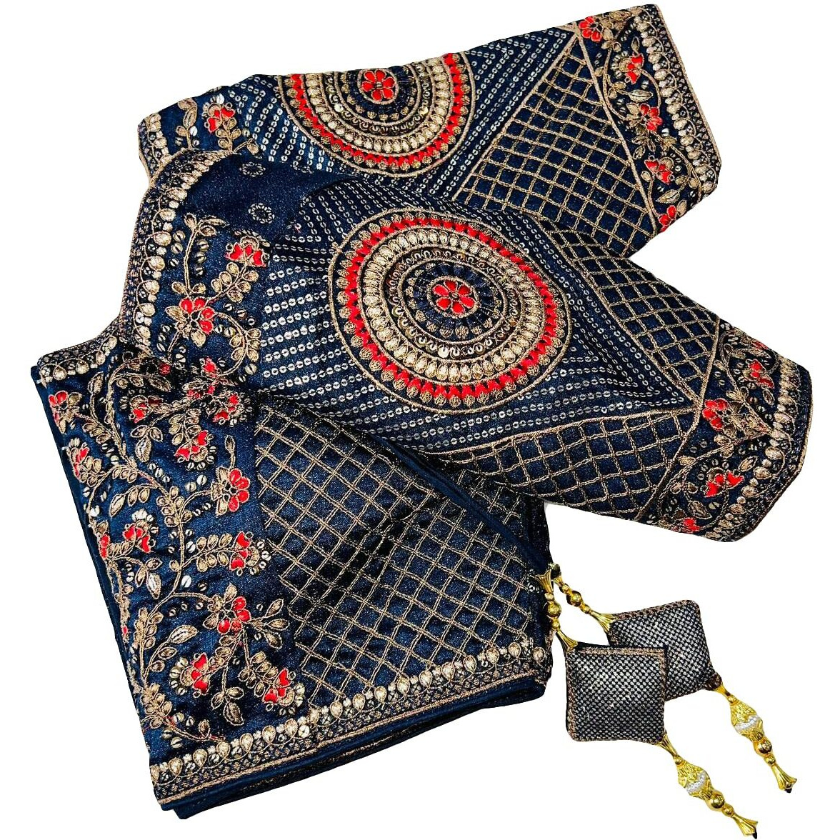 Pujia Mills Women's Copper Zari Multi Codding Embroidery With Sequins Half Sleeve Navy Blue Fancy Blouse(Angel Navy Blue_38)