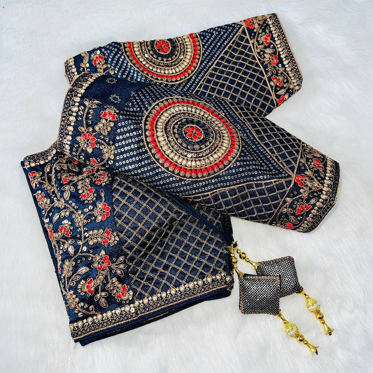 Pujia Mills Women's Copper Zari Multi Codding Embroidery With Sequins Half Sleeve Navy Blue Fancy Blouse(Angel Navy Blue_38)