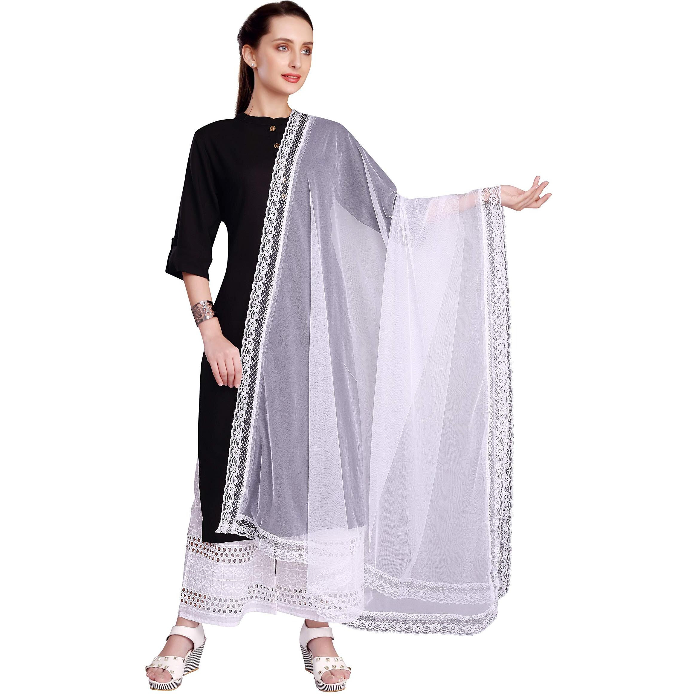 Rani Saahiba Women's Net Dupatta With Lace Border (Skrdd1968_White)