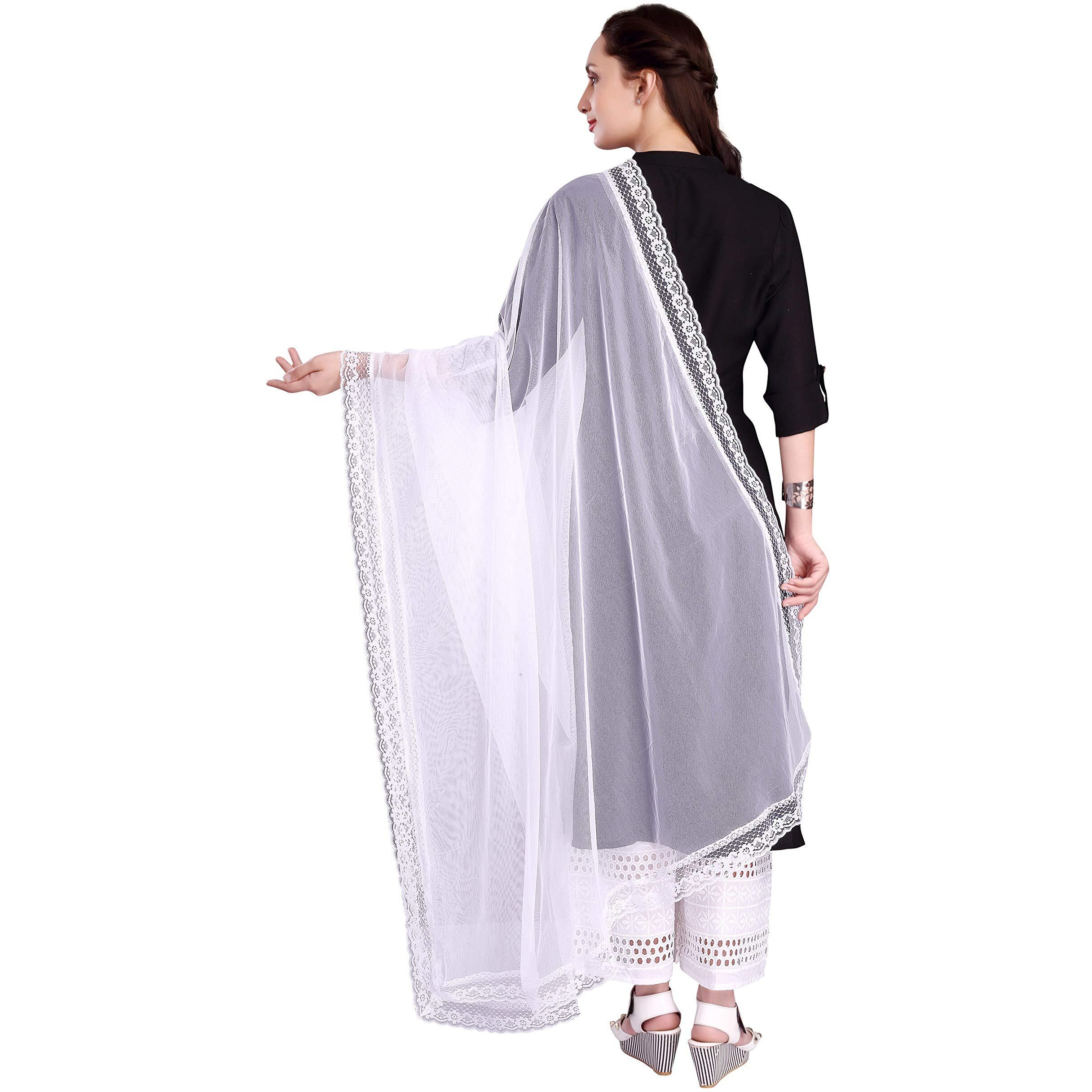 Rani Saahiba Women's Net Dupatta With Lace Border (Skrdd1968_White)