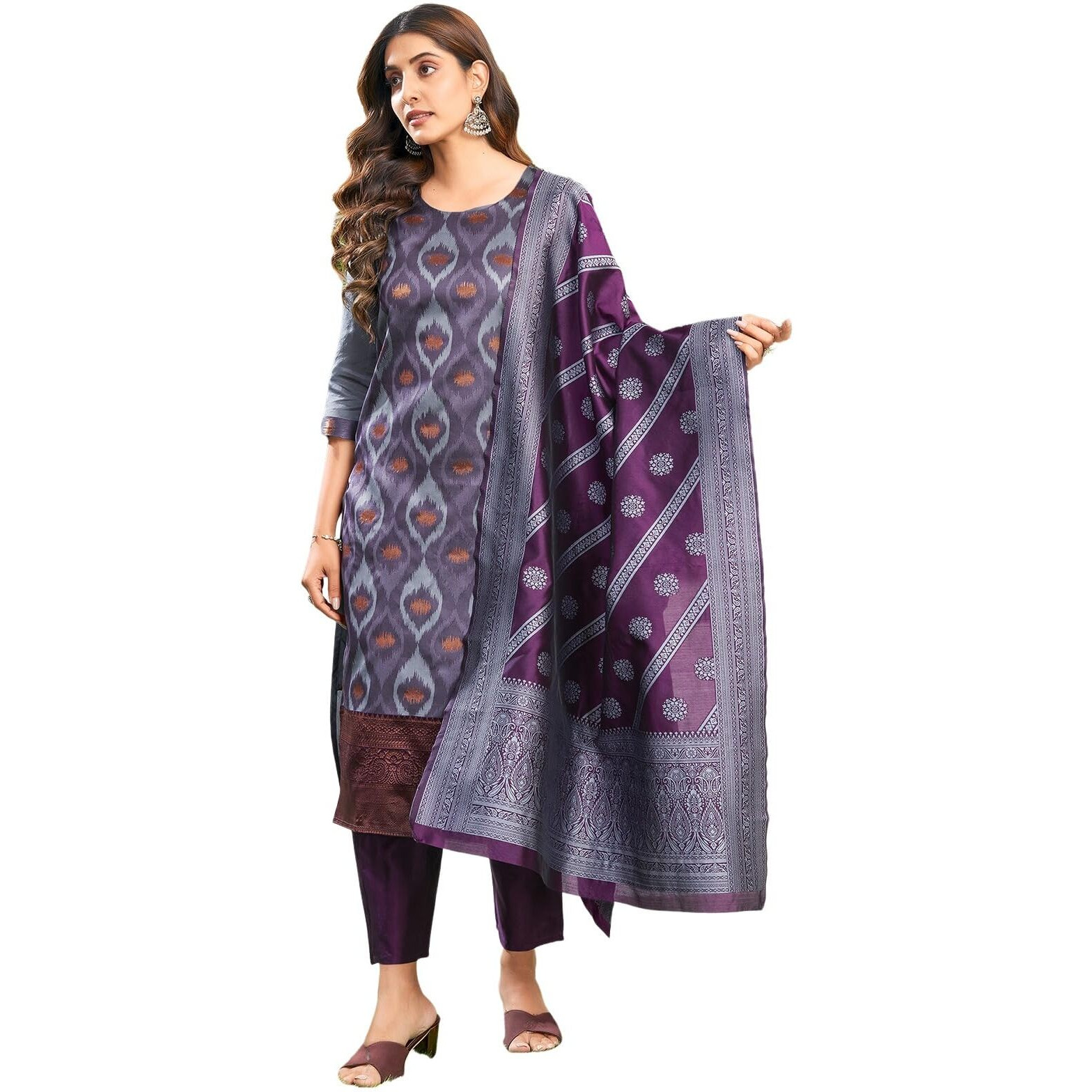 Sanisa Women's Silk Blend Jacquard Work Straight Kurta With Pant And Dupatta Set (222Kbd2351N-S_Dark Purple & Grey & Golden)