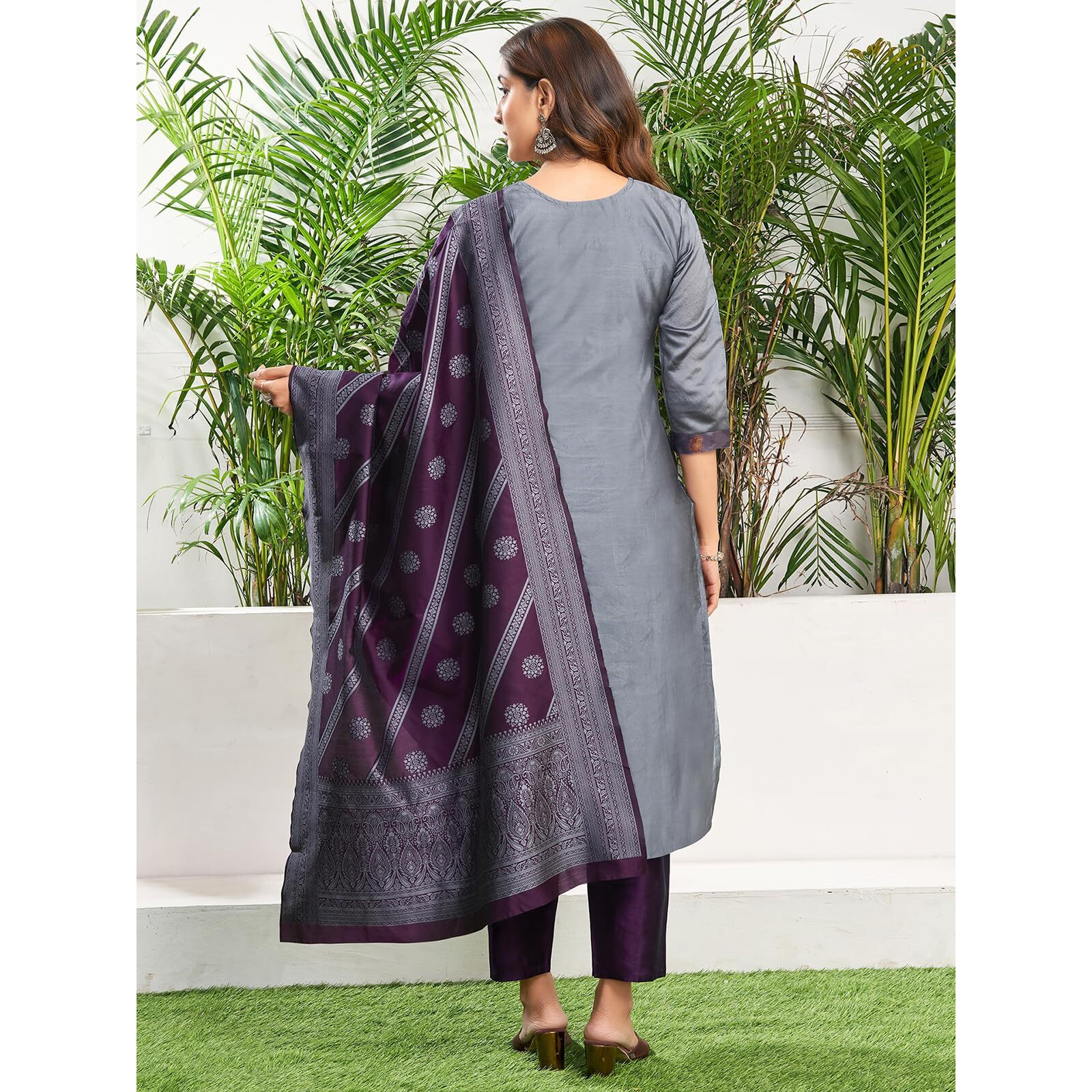 Sanisa Women's Silk Blend Jacquard Work Straight Kurta With Pant And Dupatta Set (222Kbd2351N-S_Dark Purple & Grey & Golden)