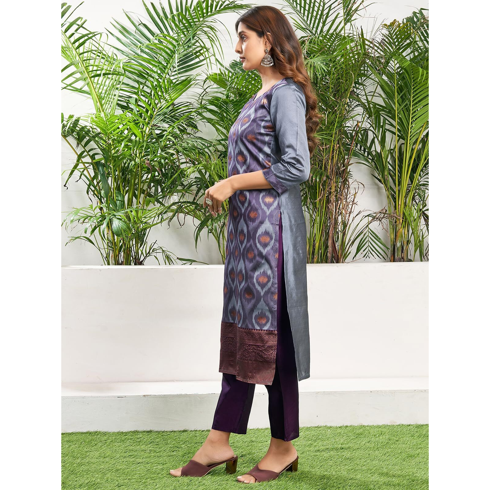 Sanisa Women's Silk Blend Jacquard Work Straight Kurta With Pant And Dupatta Set (222Kbd2351N-S_Dark Purple & Grey & Golden)