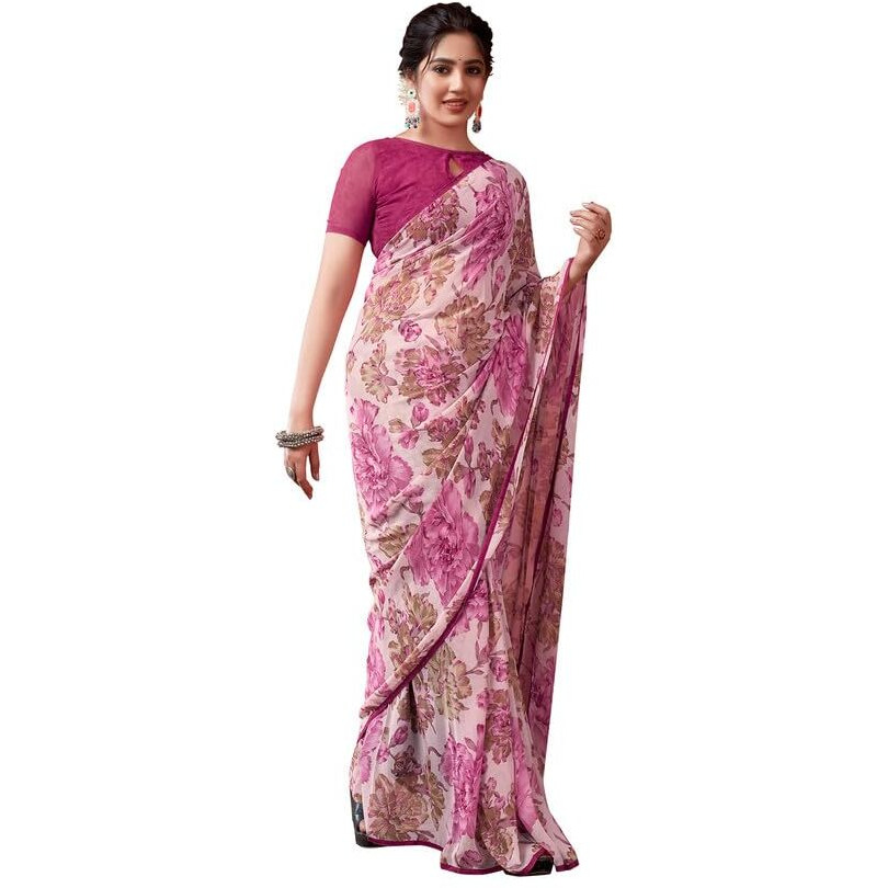 Satrani Women's Georgette Floral Printed & Lace Saree With Unstitched Blouse Piece (3504S109N_Multi)