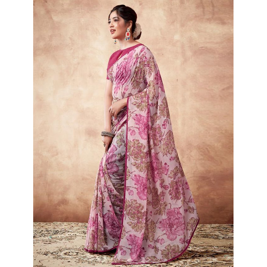 Satrani Women's Georgette Floral Printed & Lace Saree With Unstitched Blouse Piece (3504S109N_Multi)