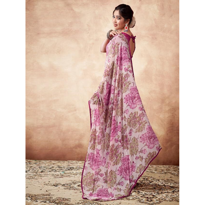 Satrani Women's Georgette Floral Printed & Lace Saree With Unstitched Blouse Piece (3504S109N_Multi)