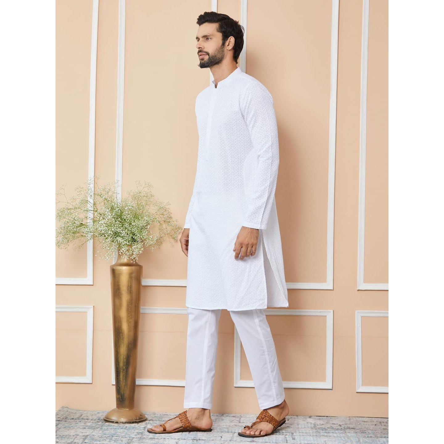 See Designs Men's Long Sleeve Mandarin Collar Side Slit White Embroidered Chikankari Pure Cotton Straight Kurta - Sdkt2566L