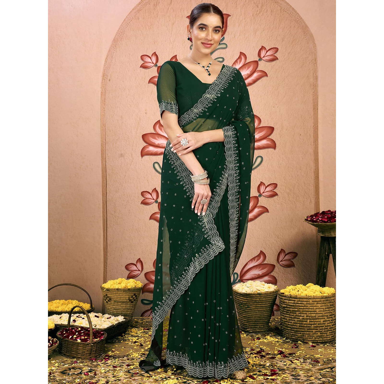 Satrani Women's Georgette Stone Work Saree With Unstitched Blouse Piece (4085S192N_Dark Green2)