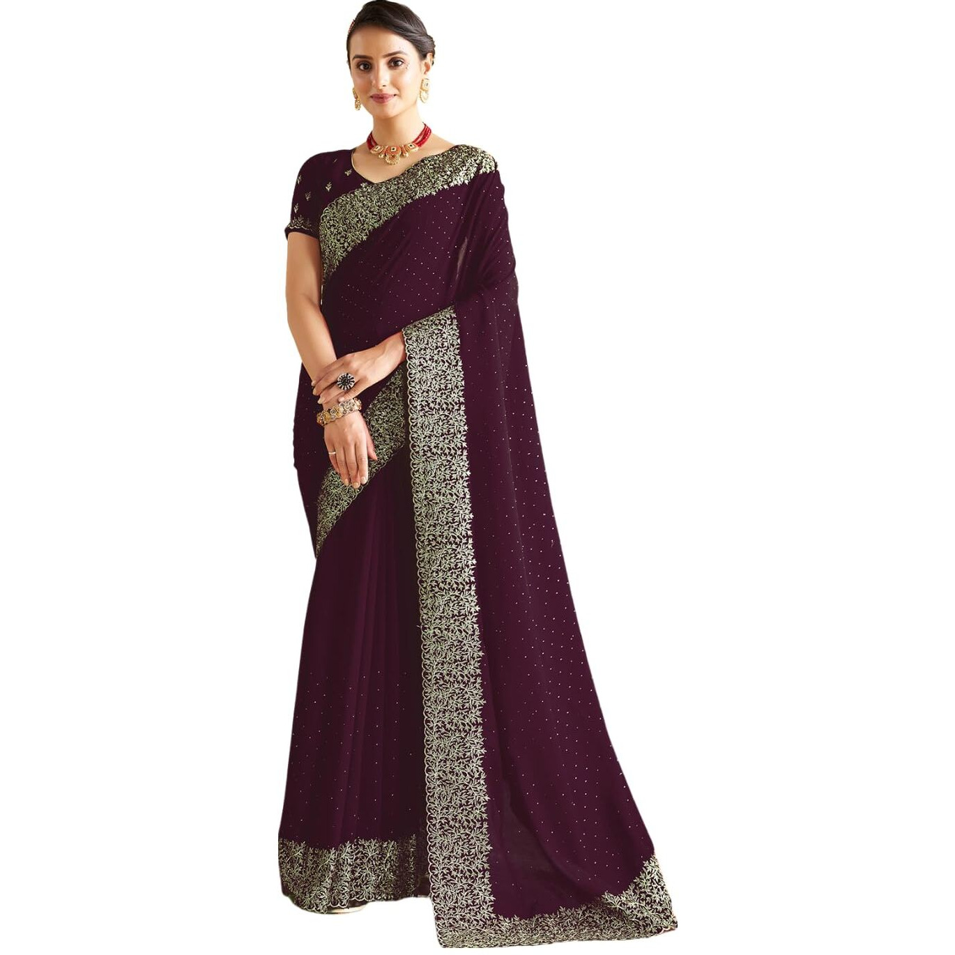 Satrani Women's Vichitra Silk Hot Fixing Embroidery Border Saree With Unstitched Blouse Piece (3614S156N_Wine1)