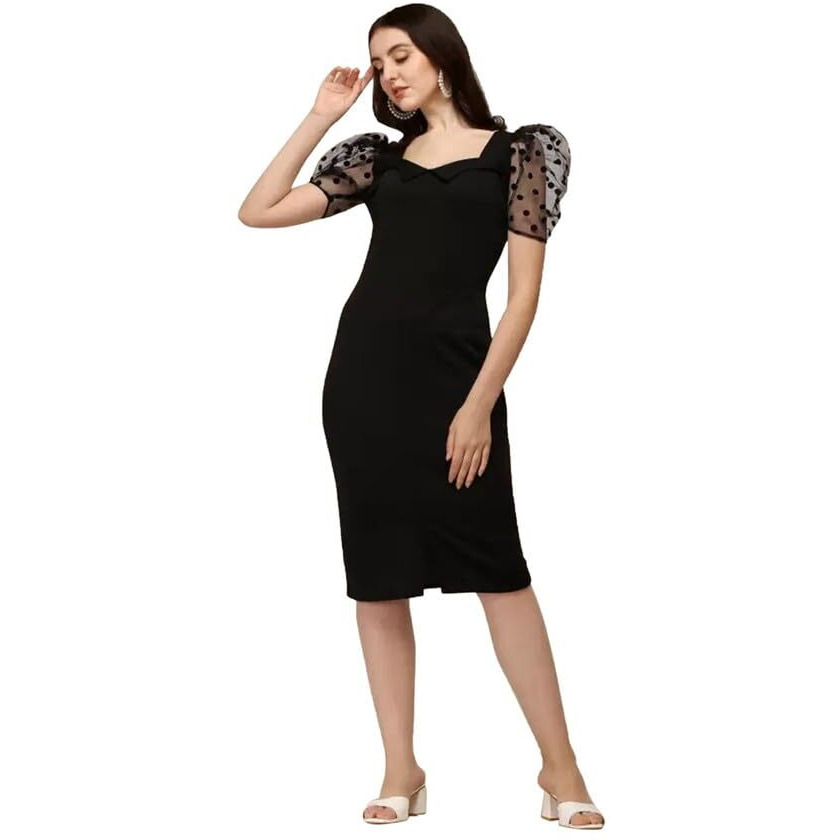 Selvia Women's Knitted & Dyed Puff Sleeve Lycra Sweetheart Neck Bodycon Dress (492Tk10719N-Xl_Black)