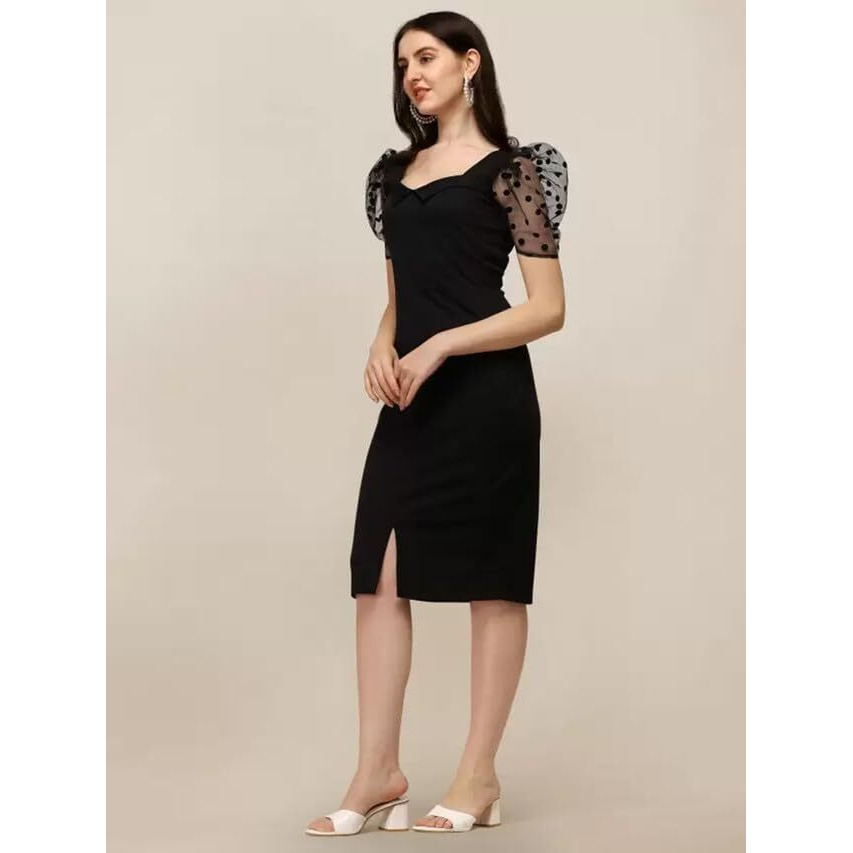 Selvia Women's Knitted & Dyed Puff Sleeve Lycra Sweetheart Neck Bodycon Dress (492Tk10719N-Xl_Black)