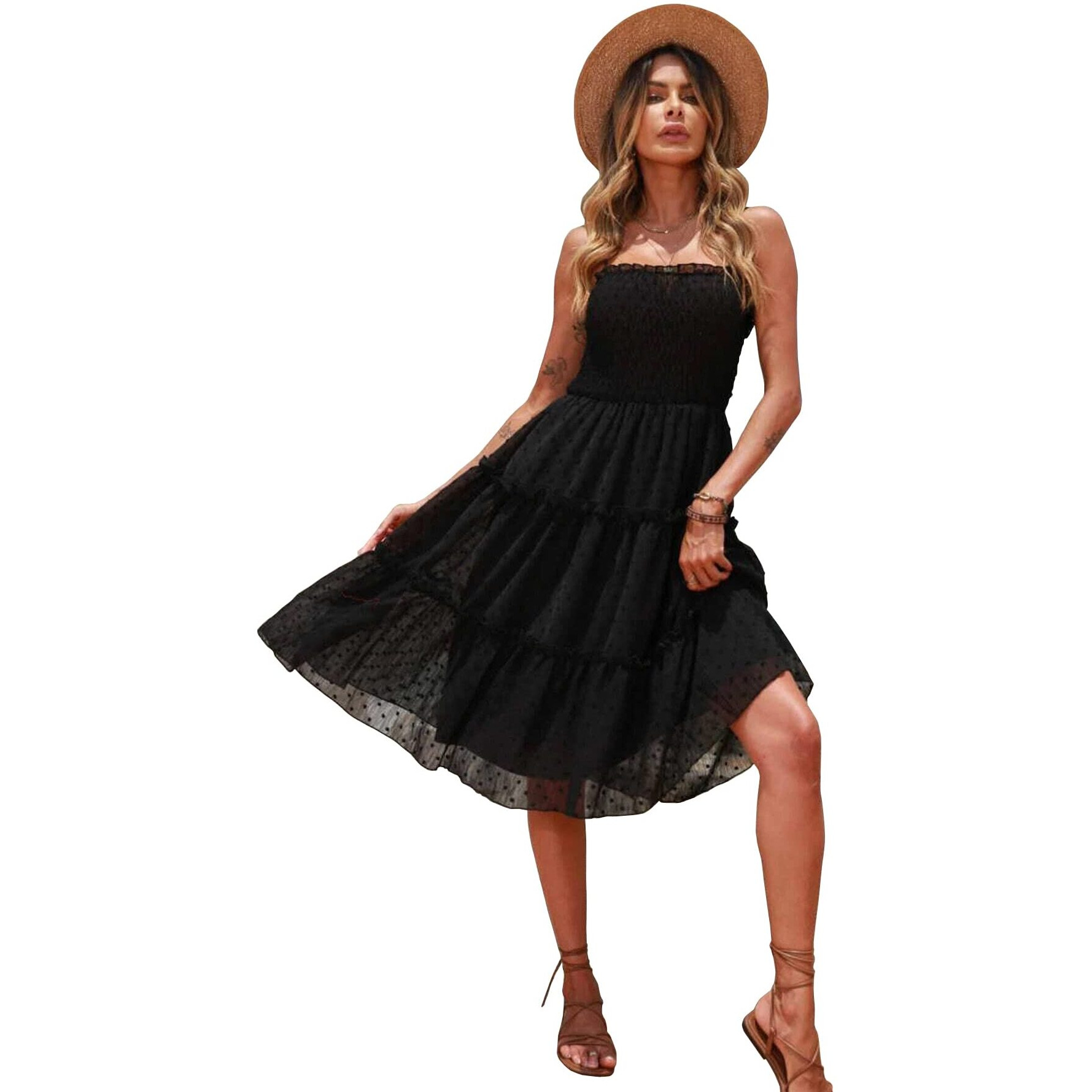 Shasmi Women's & Girl's Black Swiss Dot Shirred Frill Trim Layered Hem Cami Dress (Dress 74 Black L)