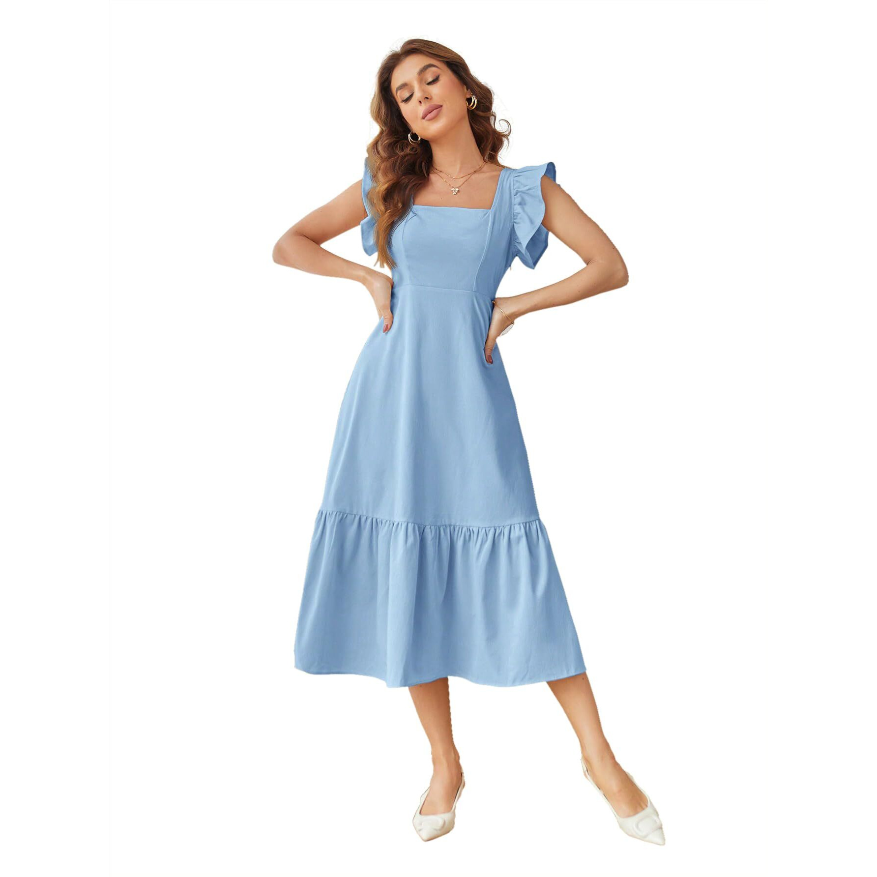 Shasmi Girl's & Women's Solid Baby Blue Color Square Neck, Ruffle-Trimmed Hem Sleeveless, Ruffle Armhole And Casual Dress With Cinched Waist Vacation Outfits Woman (Dress 162 Sky Blue-2Xl)