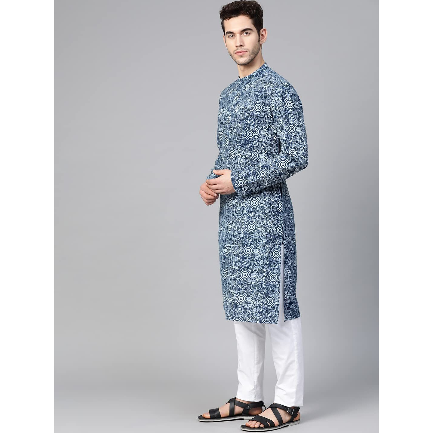 See Designs Mens Kurta | Specially Crafted And Designed For The Eid Festival Men's Grey Kurta With Pyjama Mandarin Collar Long Sleeves | Sdkt886M