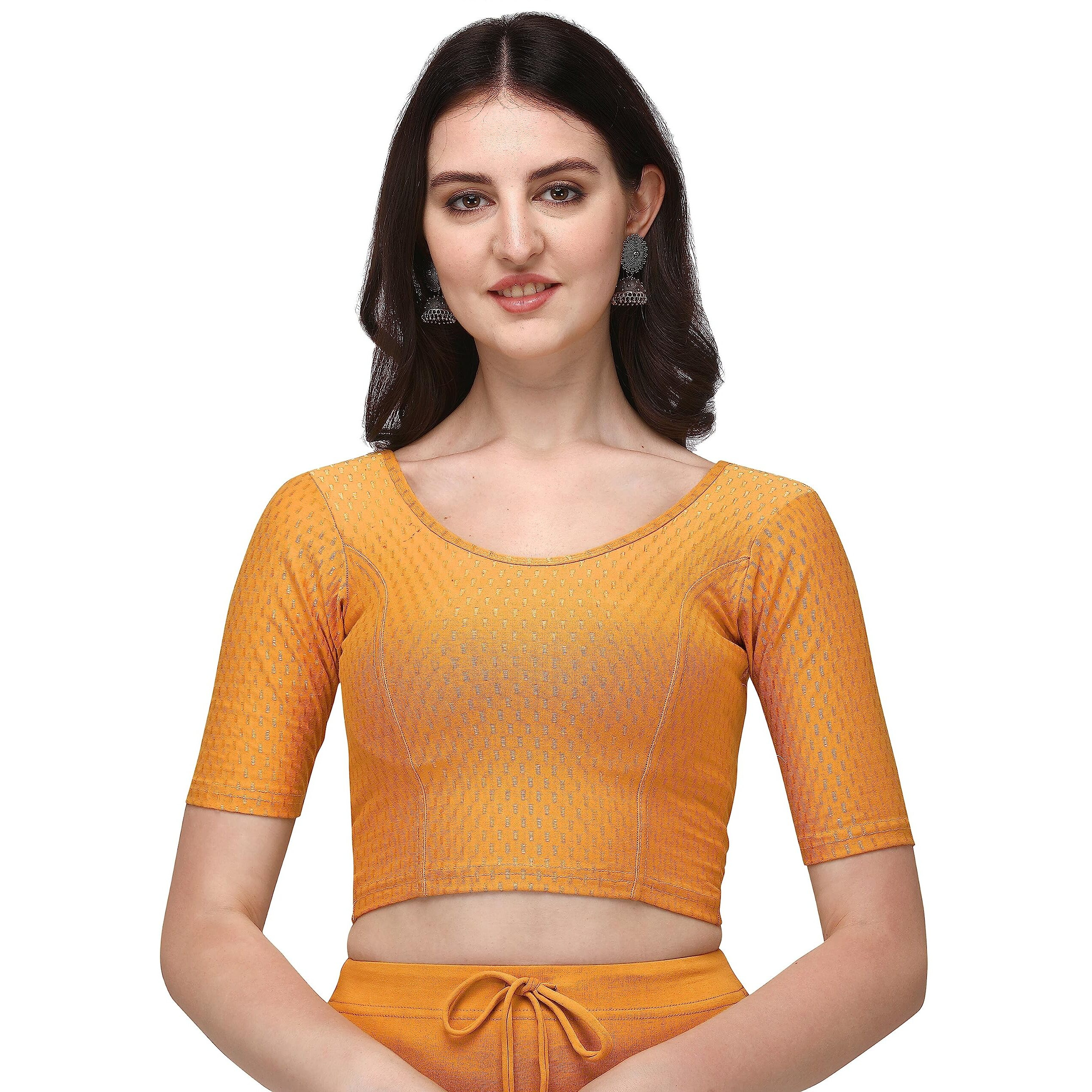 Shiv Textiles Round Neck Dobby Cotton Lycra Stretchable Elbow Sleeve Readymade Saree Blouse For Women Stylish (Yellowover Size)