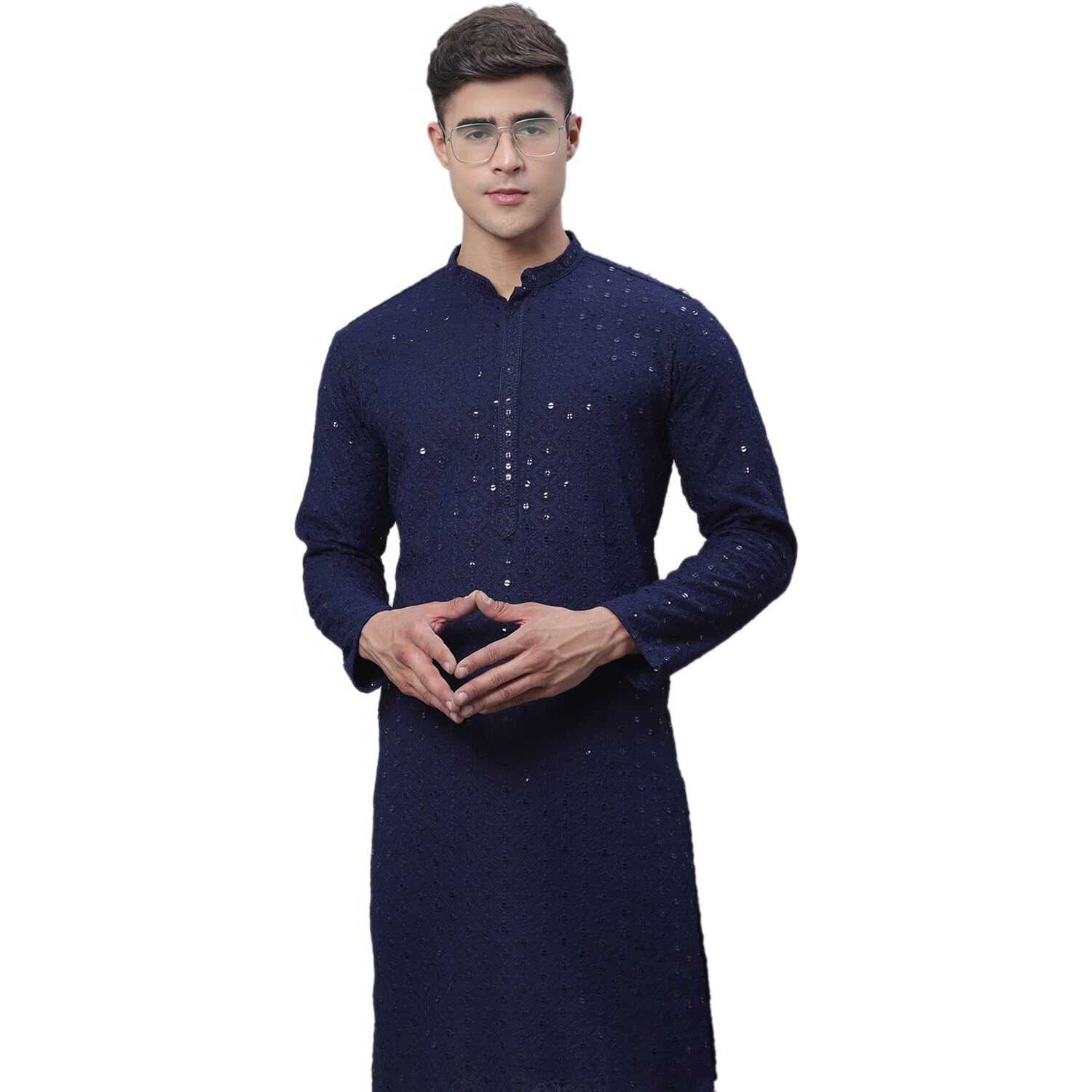 Sojanya (Since 1958 Men's Pure Cotton Navyblue Embroidered Sequined Kurta