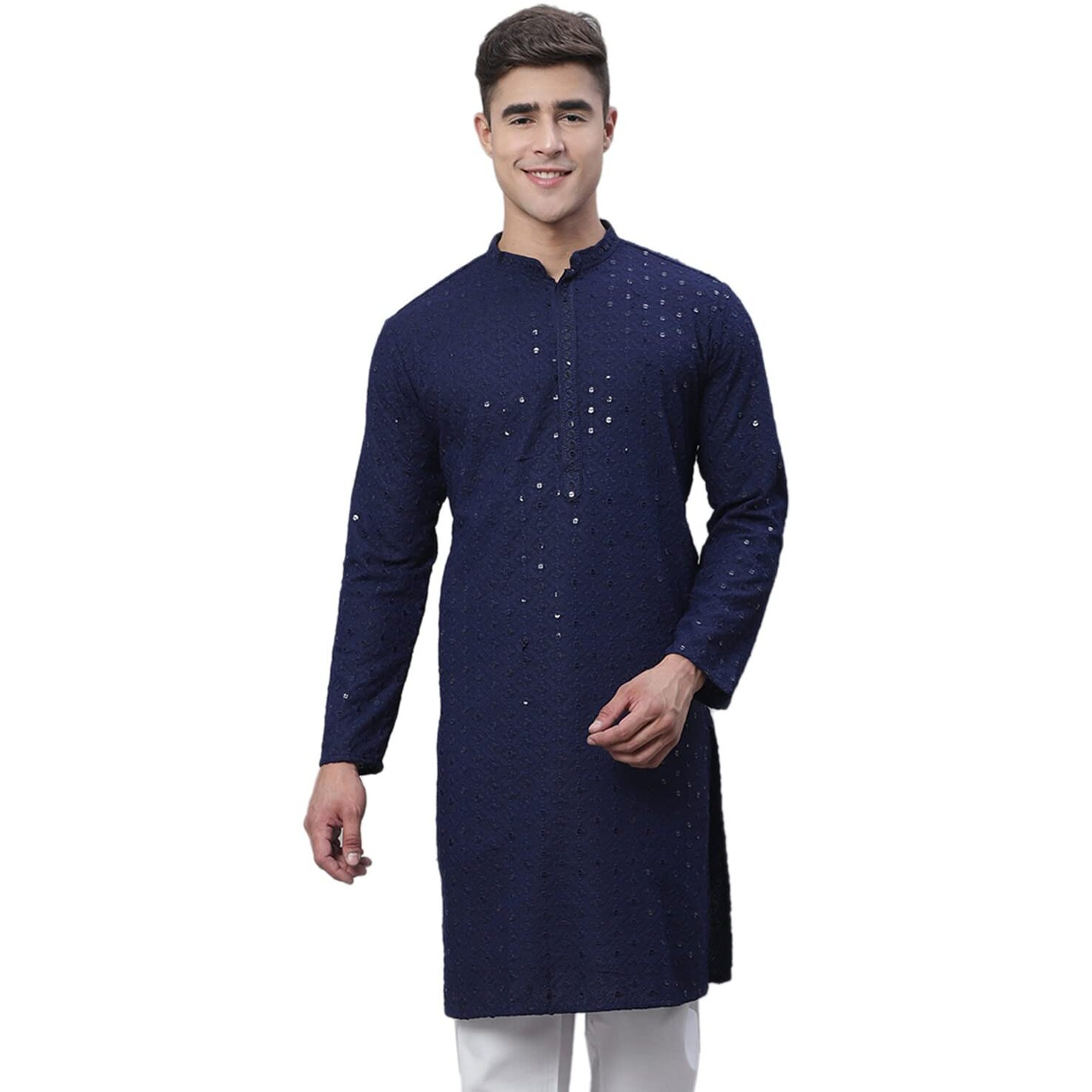 Sojanya (Since 1958 Men's Pure Cotton Navyblue Embroidered Sequined Kurta