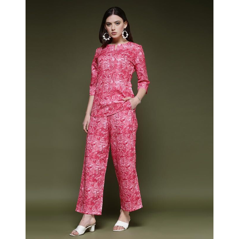 Selvia Women's Magic Slub Half Sleeve Chinese Collar Neck 2 Piece Co-Ords Set (574Tk10880-M_Pink)