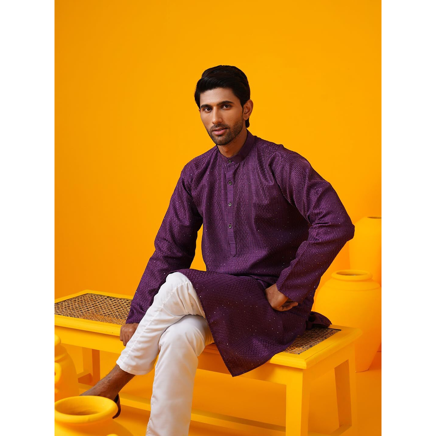 Sojanya (Since 1958 Men's Silk Bend Krochet Thread Embroidered Violet Kurta With White Pyjama