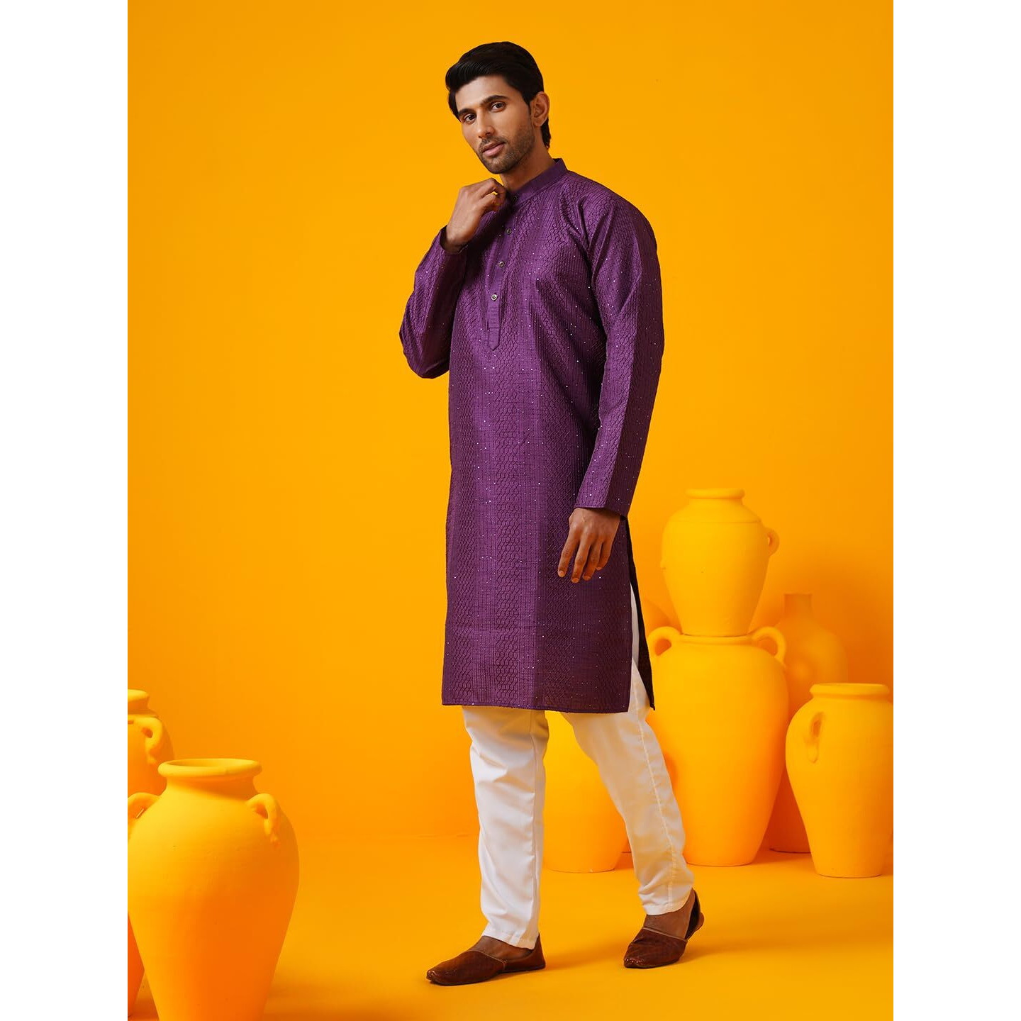 Sojanya (Since 1958 Men's Silk Bend Krochet Thread Embroidered Violet Kurta With White Pyjama