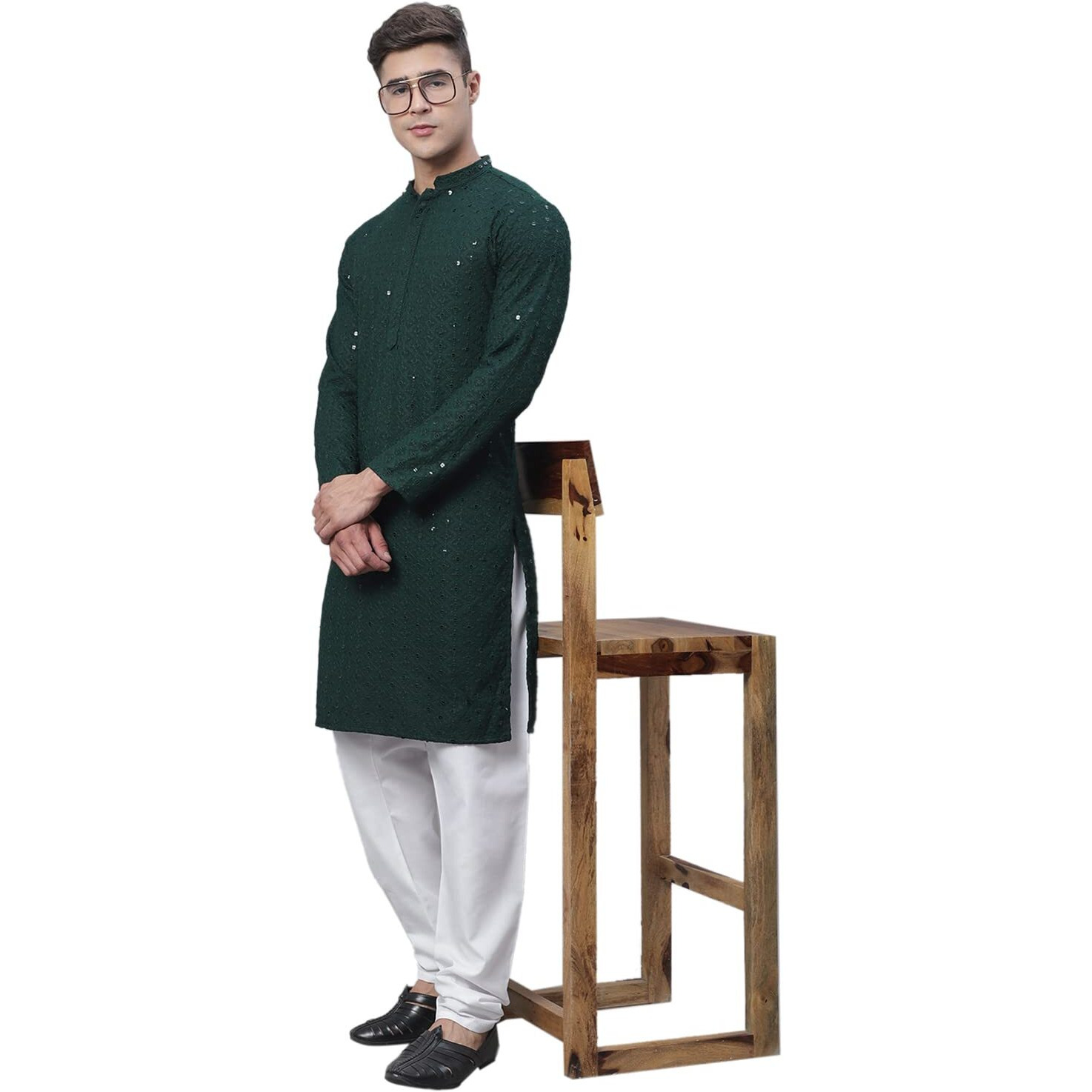 Sojanya (Since 1958 Men's Pure Cotton Green Embroidered Sequined Kurta And White Pyjama Set