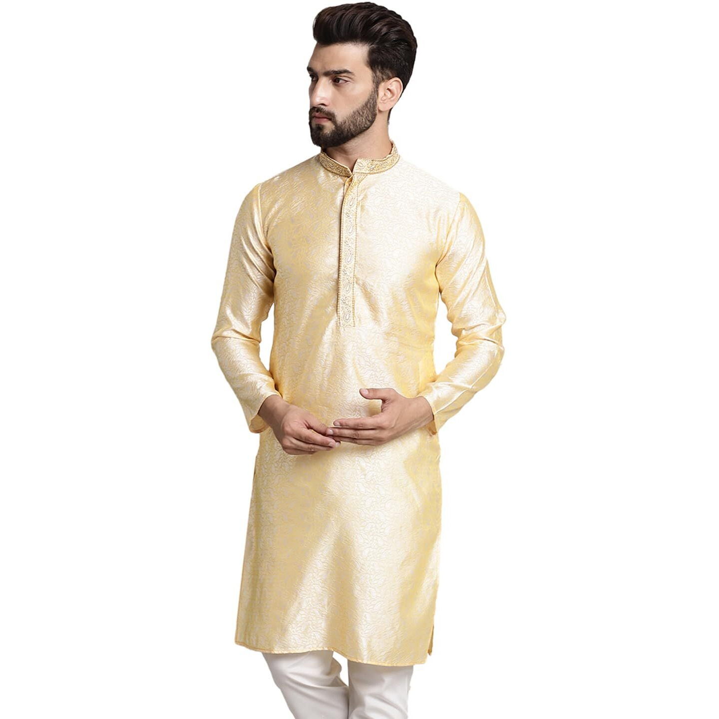 Sojanya (Since 1958 Men's Silk Blend Gold Color Only Long Kurta With Neck Embroidery