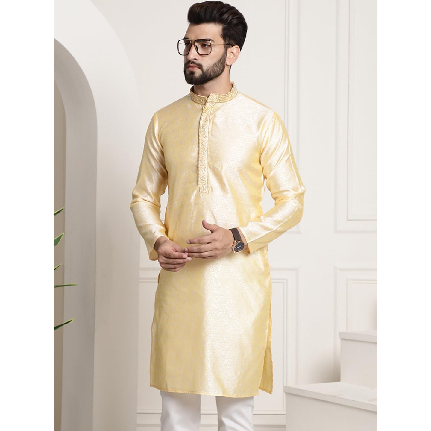 Sojanya (Since 1958 Men's Silk Blend Gold Color Only Long Kurta With Neck Embroidery