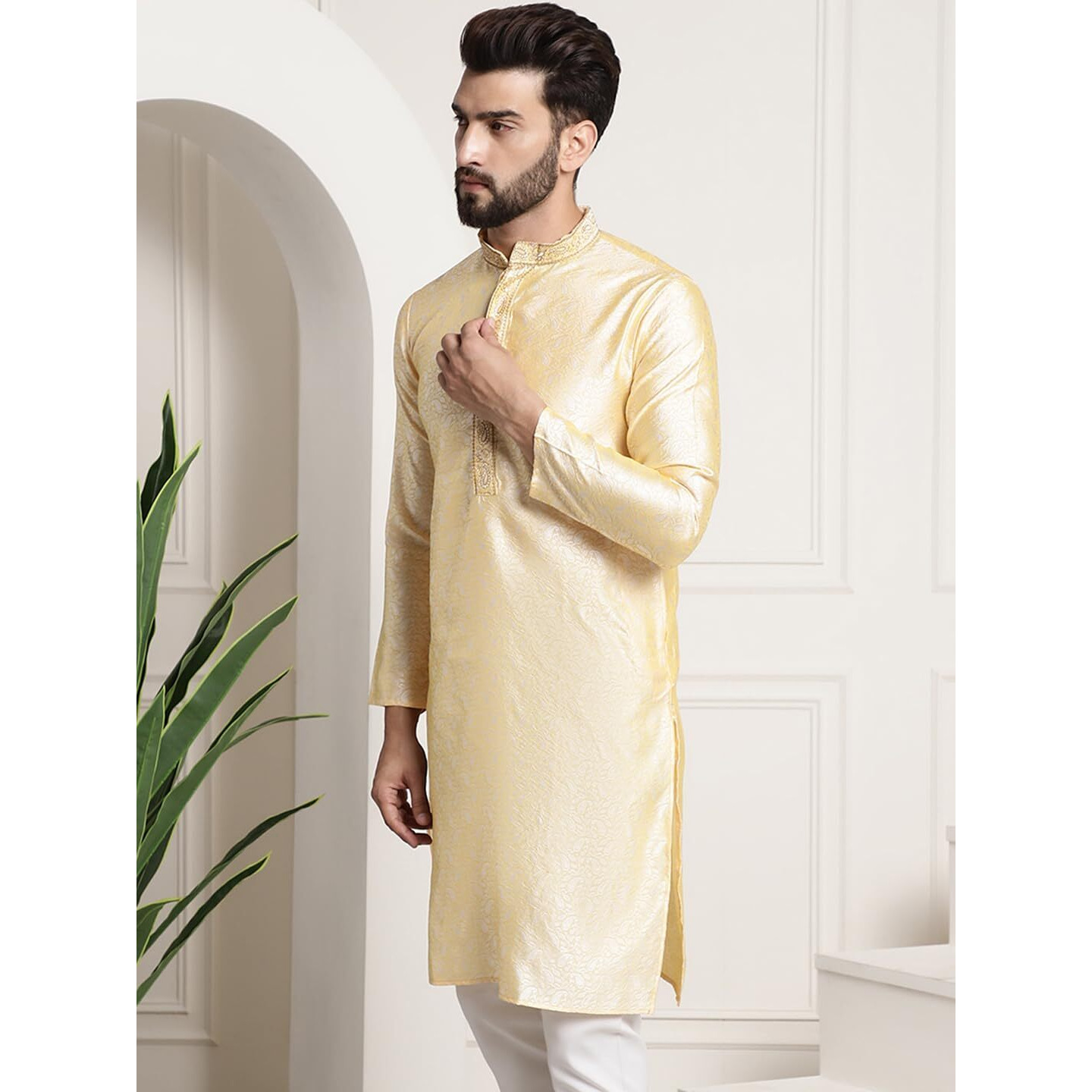 Sojanya (Since 1958 Men's Silk Blend Gold Color Only Long Kurta With Neck Embroidery