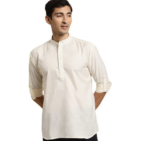 Sojanya (Since 1958, Men's Cotton Cream Solid Short Kurta