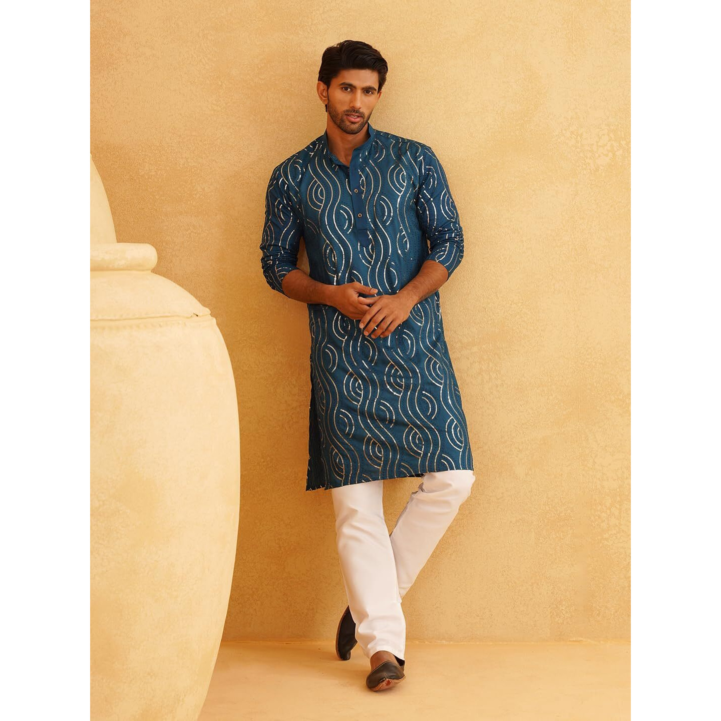 Sojanya (Since 1958 Men's Embroidered Sequinned Cotton Teal Blue Kurta With Churidar Pyjama Set