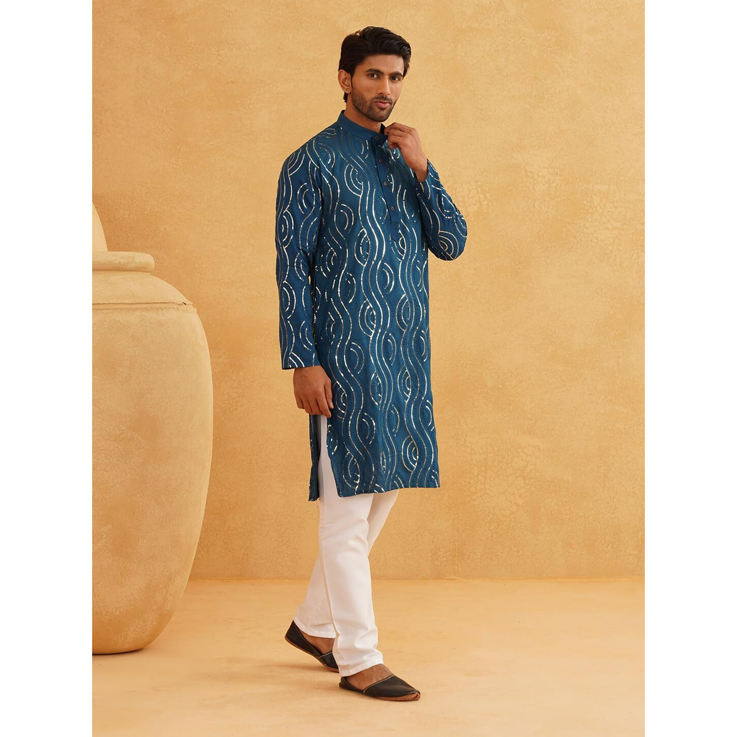 Sojanya (Since 1958 Men's Embroidered Sequinned Cotton Teal Blue Kurta With Churidar Pyjama Set