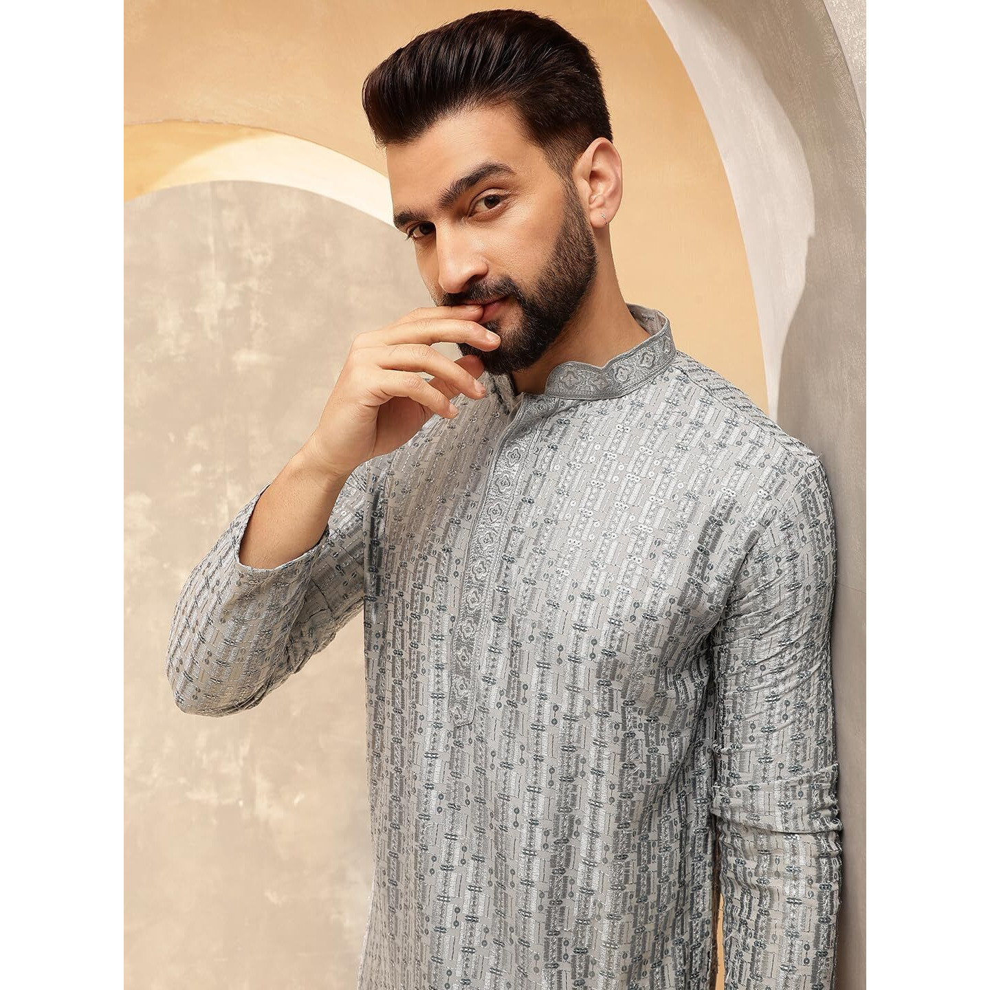 Sojanya (Since 1958 Men's Cotton Rayon Shiny Thread Sequinned Blue Only Long Kurta