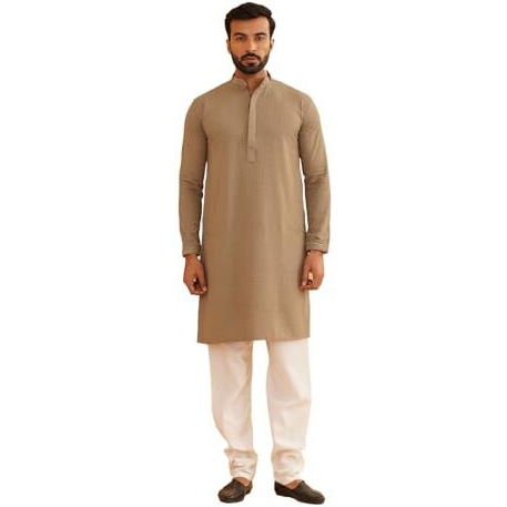 Sojanya (Since 1958 Men's Cotton Embroidered Thread Work Brown Kurta With White Churidar Pyjama