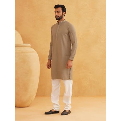 Sojanya (Since 1958 Men's Cotton Embroidered Thread Work Brown Kurta With White Churidar Pyjama