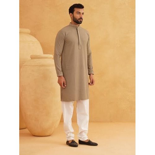 Sojanya (Since 1958 Men's Cotton Embroidered Thread Work Brown Kurta With White Churidar Pyjama