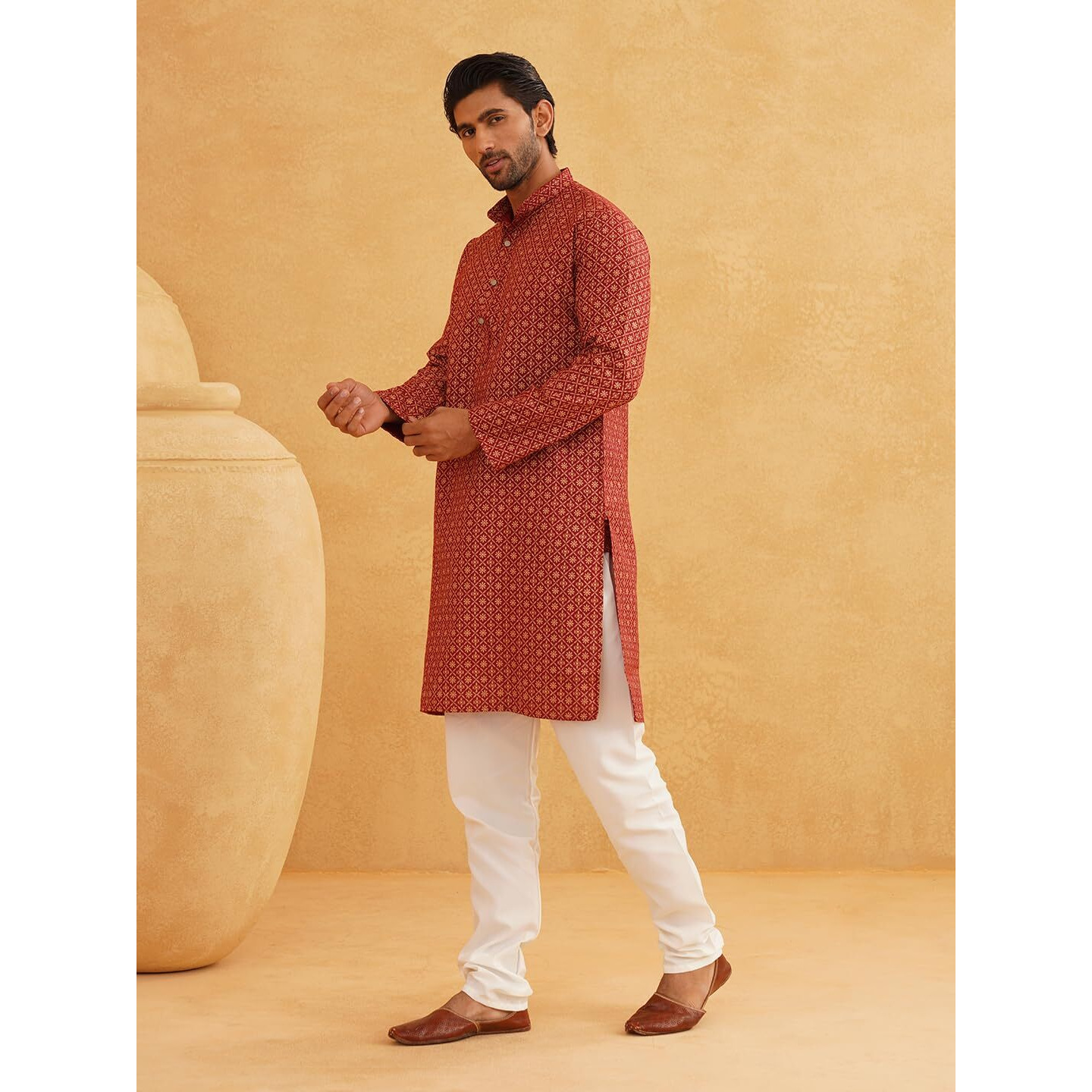Sojanya (Since 1958 Men's Cotton Linen Maroon Foil Printed Kurta And White Pyjama Set