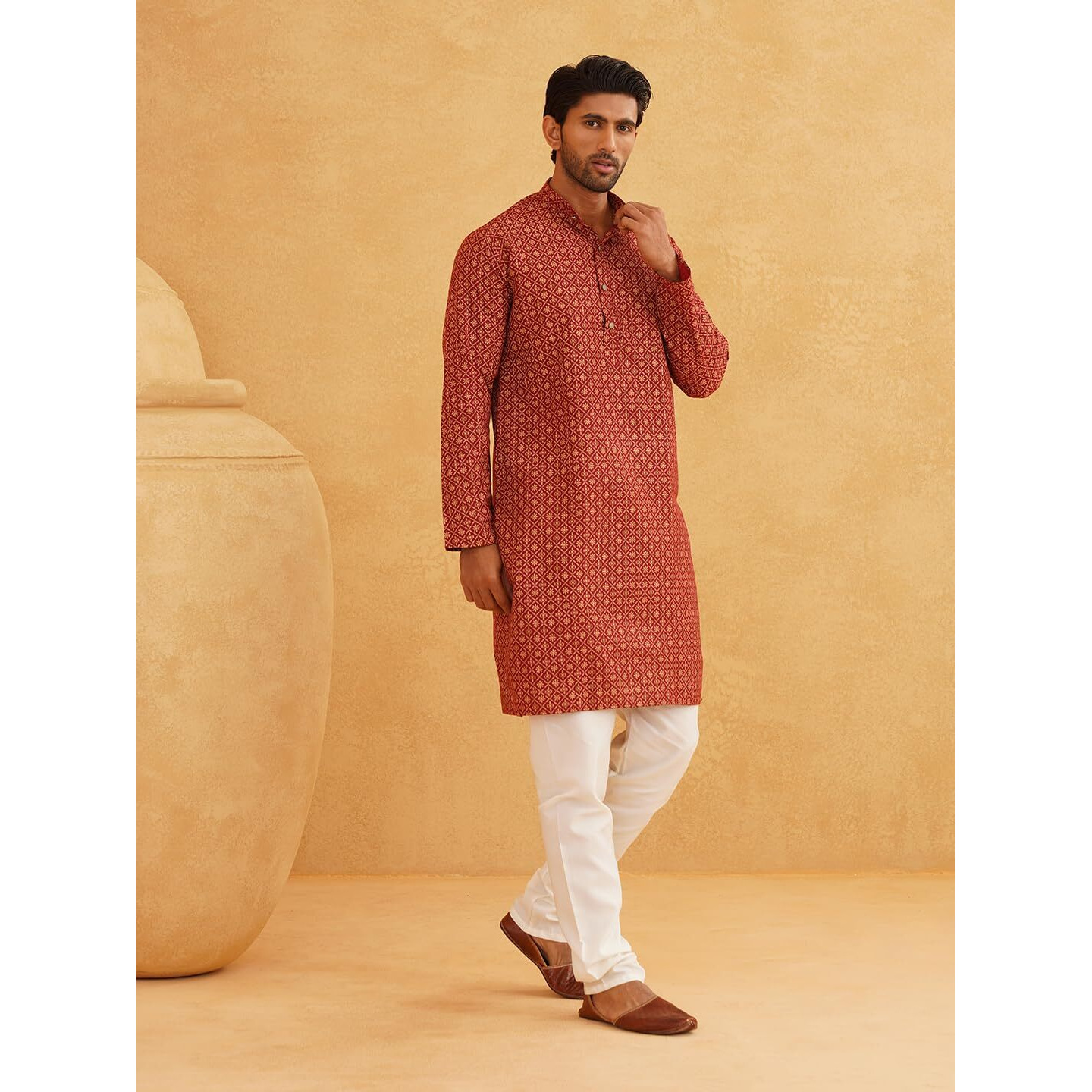 Sojanya (Since 1958 Men's Cotton Linen Maroon Foil Printed Kurta And White Pyjama Set